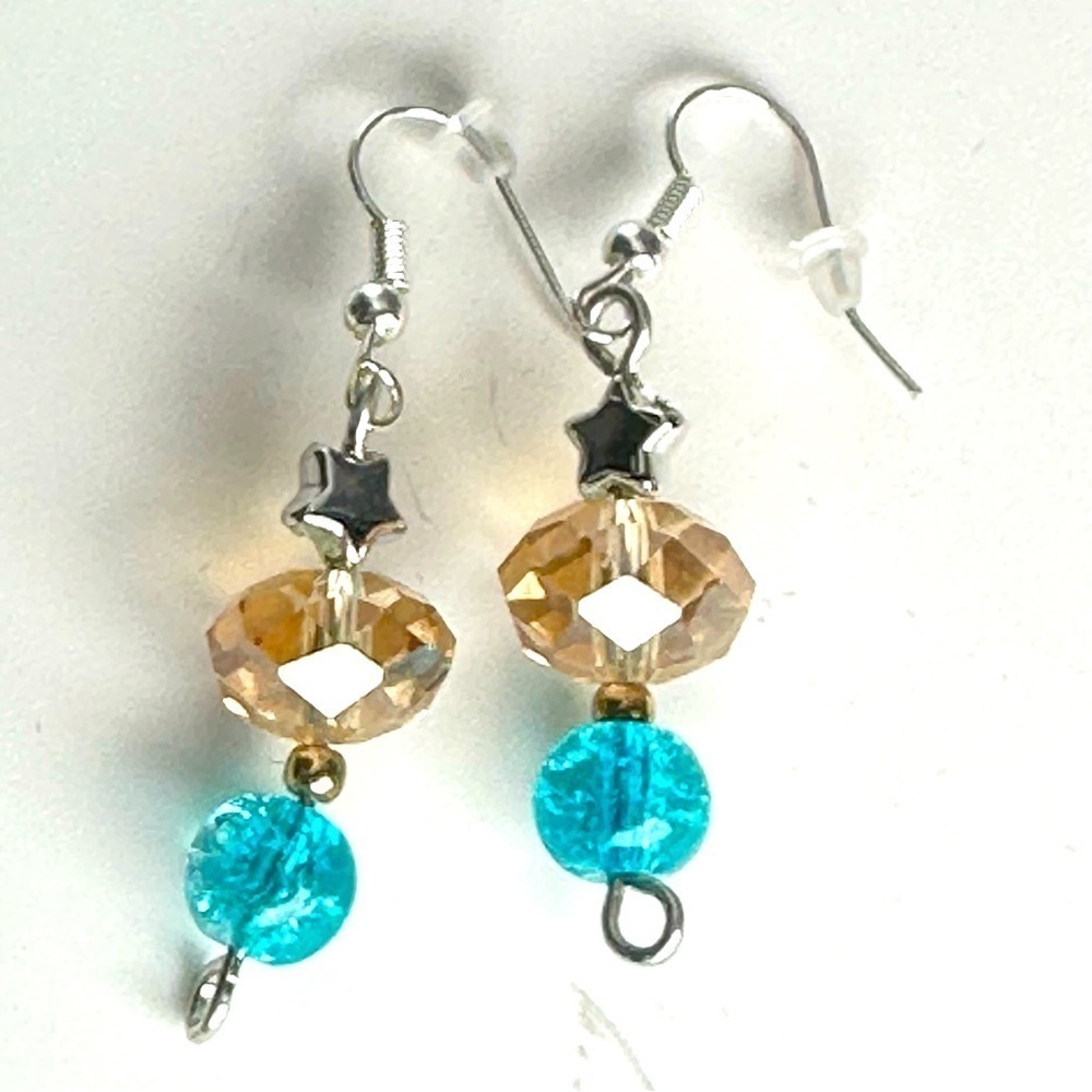Smoky crystal faceted Glass Bead Earrings and blue Glass Handmade Earrings 3476
